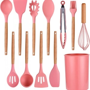 Set 12 ustensile de gatit din silicon, awwaline, maner rezistent din bambus, roz - Img 3