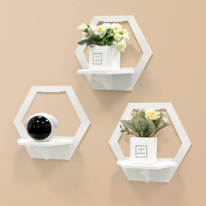Set 3 etajere de perete hexagon, awwaline, albe, PVC, 29 cm x 27 cm, cu suport depozitare - Img 3