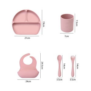 Set hranire bebelusi 5 piese pentru diversificare, awwaline, roz, silicon, BPA free, baveta, farfurie cu ventuza, pahar, lingurita si furculita - Img 5