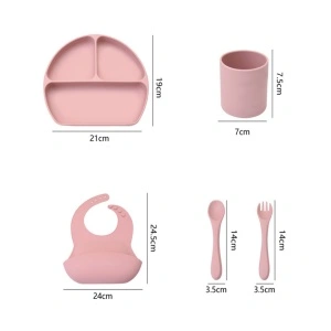 Set hranire bebelusi 5 piese pentru diversificare, awwaline, roz, silicon, BPA free, baveta, farfurie cu ventuza, pahar, lingurita si furculita - Img 5