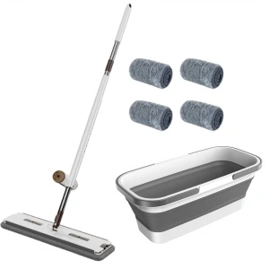 Set mop rotativ cu 4 rezerve microfibra si lighean pliabil 10l, awwaline, Alb/Gri, usor de depozitat si curatat