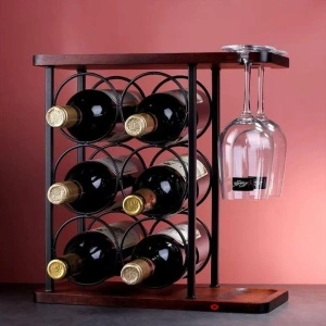 Suport 6 sticle de vin cu sistem suspendat pentru 2 pahare, awwaline, maro, lemn, 34 x 35 x 16 cm - Img 5