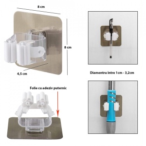 Suport multifunctional de perete, awwaline®, sistem ingenios de agatare, prindere cu adeziv fara gauri, ideal pentru maturi si mop - Img 6
