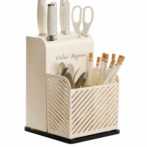 Suport ustensile de bucatarie, awwaline, plastic, bej, 3 compartimente, recipient cutite, 21 x 16 x 15 cm