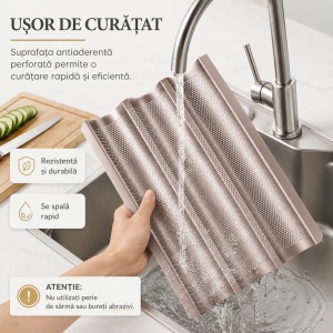 Tava de copt pentru baghete, awwaline, maro, otel carbon, perforata, antiaderenta, 3 locuri, 38.5 x 27 x 3.2 cm - Img 3