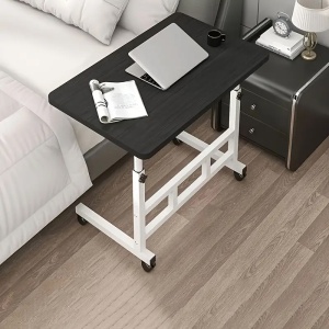 Birou mobil multifunctional cu rotile, awwaline, negru, ajustabil pe inaltime, blat lemn, ideal pentru laptop, teme, mic dejun la pat, 80 x 40 x 60-85 cm - Img 2