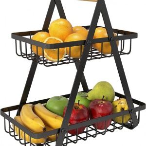 Cos de fructe cu 2 etaje, awwaline, negru, metalic, 31.5 cm x 20 cm x 31 cm, ideal pentru fructe, legume, condimente - Img 1