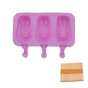 Forma inghetata cu 3 compartimente, awwaline, forme iepurasi, mov, silicon alimentar, 50 de bete, cu capac protectie