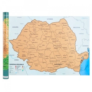 Harta Romaniei razuibila, Model Deluxe Large 59,4 x 82,5cm, tub si accesorii de razuit cadou