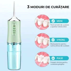 Irigator oral pentru dus bucal, awwaline®, Ultra-Portabil, 4 Capete Curatare, Rezervor 220 ml, verde - Img 3