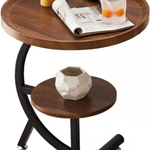 Masuta cafea rotunda, awwaline, lemn, maro, C-Shaped, 2 nivele, 40 x 40 x 62 cm