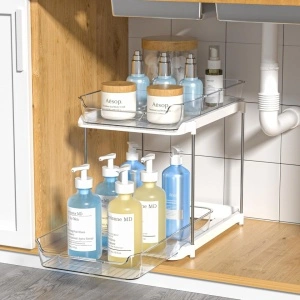 Organizator universal cu 2 rafturi retractabile si separatoare, awwaline, Alb/Transparent, recipient de depozitare multifunctional si glisant, 30 x 20 x 28 cm - Img 3