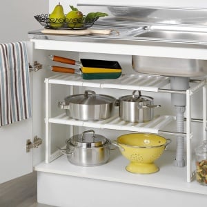 Raft organizator extensibil cu 2 etaje, awwaline, alb, 38-70 x 26 x 38 cm, ideal pentru spatiul de sub chiuveta - Img 3