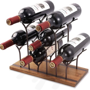 Suport 6 sticle de vin, awwaline, maro, lemn natural si otel, design modern, 34 x 16 x 25 cm