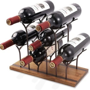 Suport 6 sticle de vin, awwaline, maro, lemn natural si otel, design modern, 34 x 16 x 25 cm