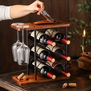 Suport 6 sticle de vin cu sistem suspendat pentru 2 pahare, awwaline, maro, lemn, 34 x 35 x 16 cm - Img 6
