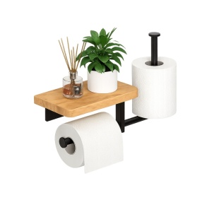 Suport hartie igienica cu raft depozitare telefon sau alte accesorii, awwaline, Negru/Maro, prindere cu adeziv sau suruburi, 27 x 22 cm, spatiu pentru 2 role