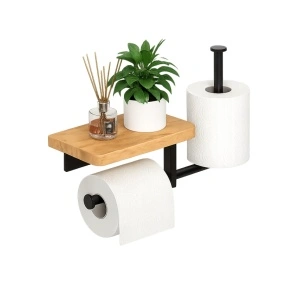 Suport hartie igienica cu raft depozitare telefon sau alte accesorii, awwaline, Negru/Maro, prindere cu adeziv sau suruburi, 27 x 22 cm, spatiu pentru 2 role