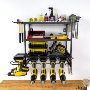 Suport metalic multifunctional pentru scule, awwaline, negru, prindere pe perete, compact si rezistent, depozitare surubelnite electrice, bormasina, chei, 63.5 x 43.5 x 24.5 cm - Img 2