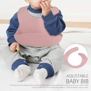 Baveta din silicon cu buzunar, awwaline, roz, BPA free, inchidere ajustabila, buzunar colector larg - Img 3