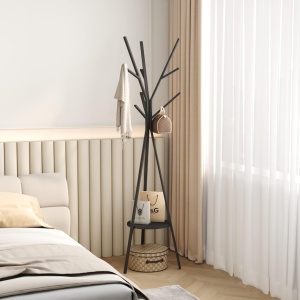 Cuier haine cu suport din lemn pentru accesorii, awwaline, negru, otel carbon, 9 carlige, 180 x 45 cm - Img 3