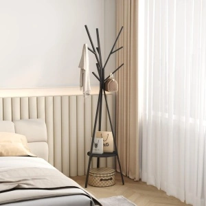 Cuier haine cu suport din lemn pentru accesorii, awwaline, negru, otel carbon, 9 carlige, 180 x 45 cm - Img 3