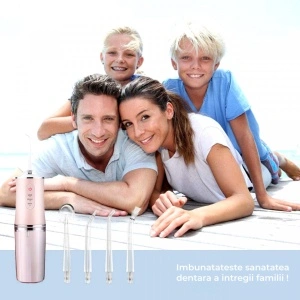 Irigator oral pentru dus bucal, awwaline®, Ultra-Portabil, 4 Capete Curatare, Rezervor 220 ml, roz - Img 6