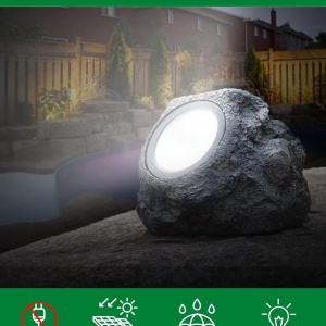 Lampa solara decorativa de exterior, awwaline, forma de piatra, pentru gradina, IP65 impermeabil, lumina puternica 4 LED-uri, lumina alb rece, 11 x 10 cm - Img 6