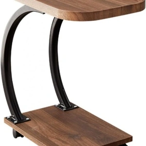 Masuta cafea cu roti, awwaline, lemn, maro, C-Shaped, 2 nivele, 52 x 34 x 60 cm