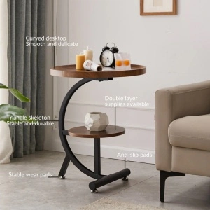 Masuta cafea rotunda, awwaline, lemn, maro, C-Shaped, 2 nivele, 40 x 40 x 62 cm - Img 2