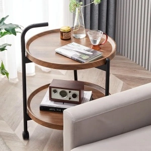 Masuta cafea rotunda cu roti, awwaline, lemn, maro, 2 nivele, 41 x 41 x 69 cm - Img 6