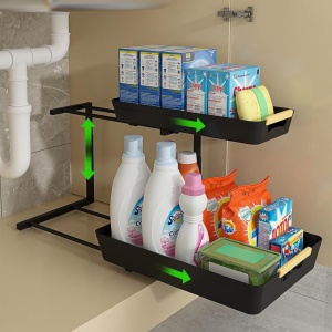 Organizator cu 2 rafturi retractabile, awwaline, negru, inaltime ajustabila, ideal pentru bucatarie, baie, 39.5 x 30 x 41.5 cm - Img 3