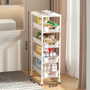 Organizator multifunctional portabil cu 5 nivele, awwaline, 4 rafturi retractabile si 1 polita MDF, slim, rotativ 360°, 38 x 23.5 x 81.5 cm - Img 5