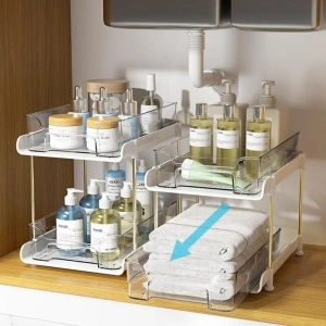 Organizator universal cu 2 rafturi retractabile si separatoare, awwaline, Alb/Transparent, recipient de depozitare multifunctional si glisant, 30 x 20 x 28 cm - Img 4