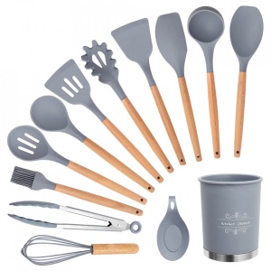 Set 13 ustensile de gatit din silicon, awwaline, maner rezistent din bambus - Img 4