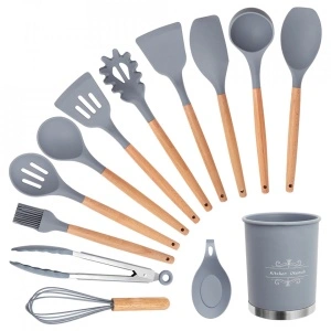 Set 13 ustensile de gatit din silicon, awwaline, maner rezistent din bambus - Img 4
