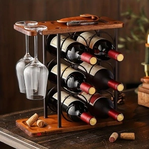 Suport 6 sticle de vin cu sistem suspendat pentru 2 pahare, awwaline, maro, lemn, 34 x 35 x 16 cm - Img 7