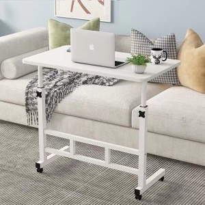 Birou mobil multifunctional cu rotile, awwaline, alb, ajustabil pe inaltime, blat lemn, ideal pentru laptop, teme, mic dejun la pat, 80 x 40 x 60-85 cm - Img 2