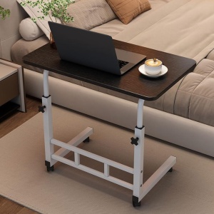 Birou mobil multifunctional cu rotile, awwaline, negru, ajustabil pe inaltime, blat lemn, ideal pentru laptop, teme, mic dejun la pat, 80 x 40 x 60-85 cm - Img 4