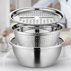 Bol din inox multifunctional cu strecuratoare si razatoare, 3 in 1, awwaline, inox, diametru 26 cm - Img 2