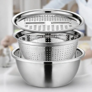Bol din inox multifunctional cu strecuratoare si razatoare, 3 in 1, awwaline, inox, diametru 26 cm - Img 2