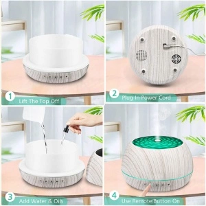 Difuzor aromaterapie pentru uleiuri esentiale, awwaline, cu ultrasunete, 1000 ml, timer, 7 culori LED, telecomanda, inchidere automata, White Wood - Img 4