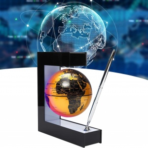 Glob pamantesc magnetic plutitor cu iluminare LED, awwaline, auriu, 17.3 cm x 19.5 cm x 5 cm, prevazut cu pix cromat si suport - Img 7