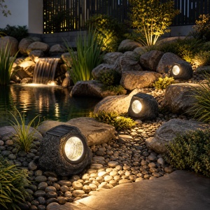 Lampa solara decorativa de exterior, awwaline, forma de piatra, pentru gradina, IP65 impermeabil, lumina puternica 4 LED-uri, lumina alb rece, 11 x 10 cm - Img 3
