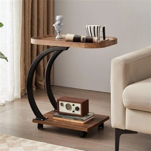 Masuta cafea cu roti, awwaline, lemn, maro, C-Shaped, 2 nivele, 52 x 34 x 60 cm - Img 2