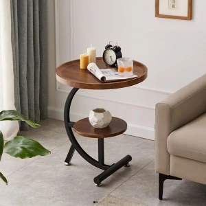 Masuta cafea rotunda, awwaline, lemn, maro, C-Shaped, 2 nivele, 40 x 40 x 62 cm - Img 3