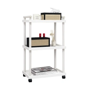 Masuta portabila cu 3 rafturi, awwaline, lemna natural, alba, 2 manere de transport, 48 x 30 x 77 cm