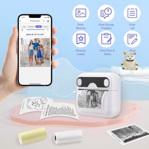 Mini imprimanta portabila, awwaline, alba, Bluetooth, aplicatie pe telefon, compatibil IOS/Android, termica, fara toner, baterie integrata, 5 role autoadezive + 5 role simple incluse - Img 6