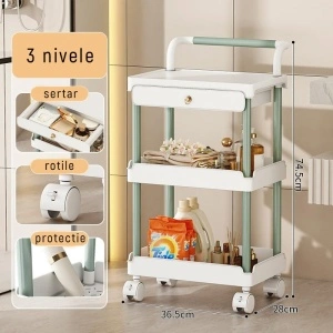 Organizator multifunctional portabil cu 3 nivele si 1 sertar, awwaline, alb/verde, 36.5 x 28 x 74.5 cm - Img 4