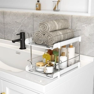Organizator universal cu 2 rafturi retractabile si separatoare, awwaline, Alb/Transparent, recipient de depozitare multifunctional si glisant, 30 x 20 x 28 cm - Img 5